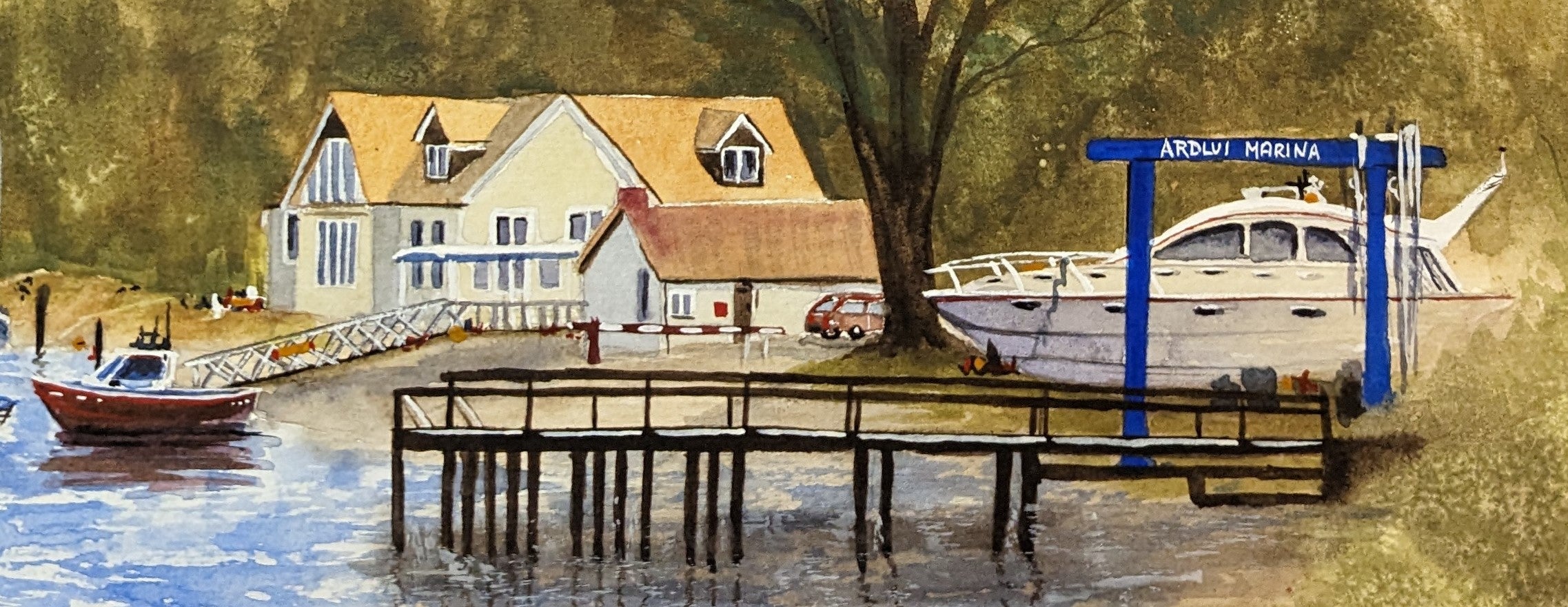 Painting of a waterfront scene with houses, boats, and a dock. Original watercolour painting of Ardlui Marina Loch Lomond Scottish Highlands, inspired by first trip to Scotland