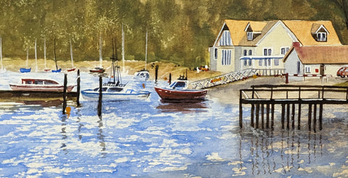 Painting of a harbor scene with boats and a house. Original watercolour painting of Ardlui Marina Loch Lomond Scottish Highlands, inspired by first trip to Scotland