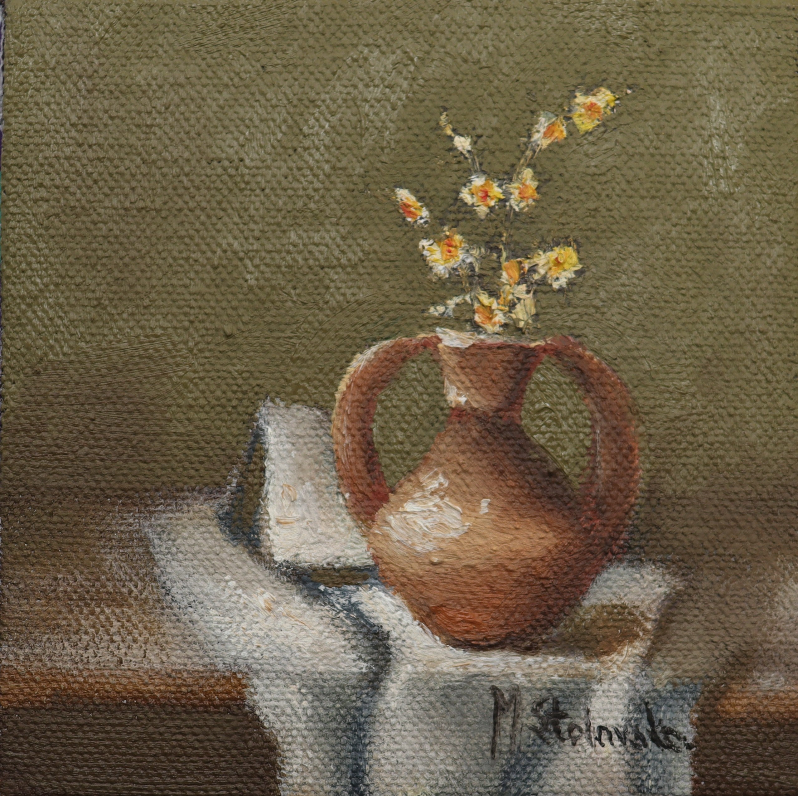 Original oil painting of old terracotta, aged ceramic pot in warm earthy tones still life