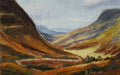 Original oil painting of winding roads in the Scottish Highlands near Loch Ard in autumn, amber hill vegetation