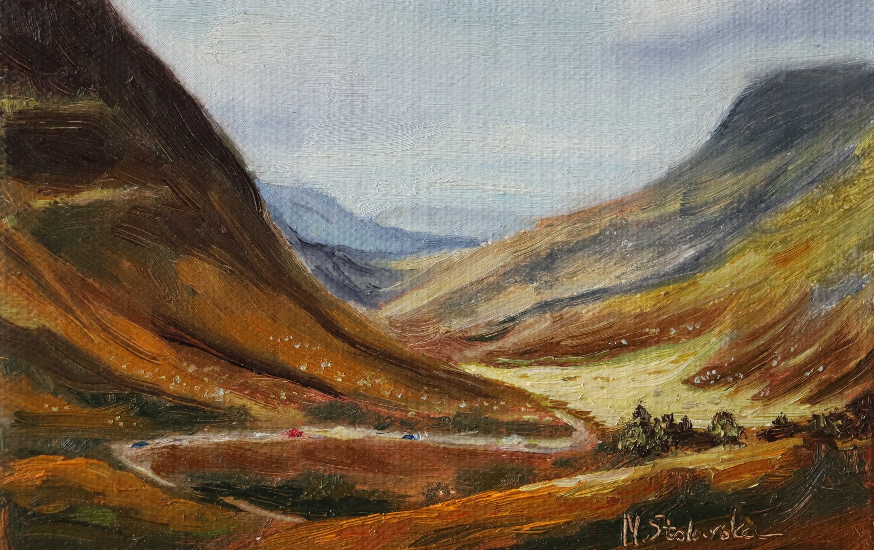 Original oil painting of winding roads in the Scottish Highlands near Loch Ard in autumn, amber hill vegetation