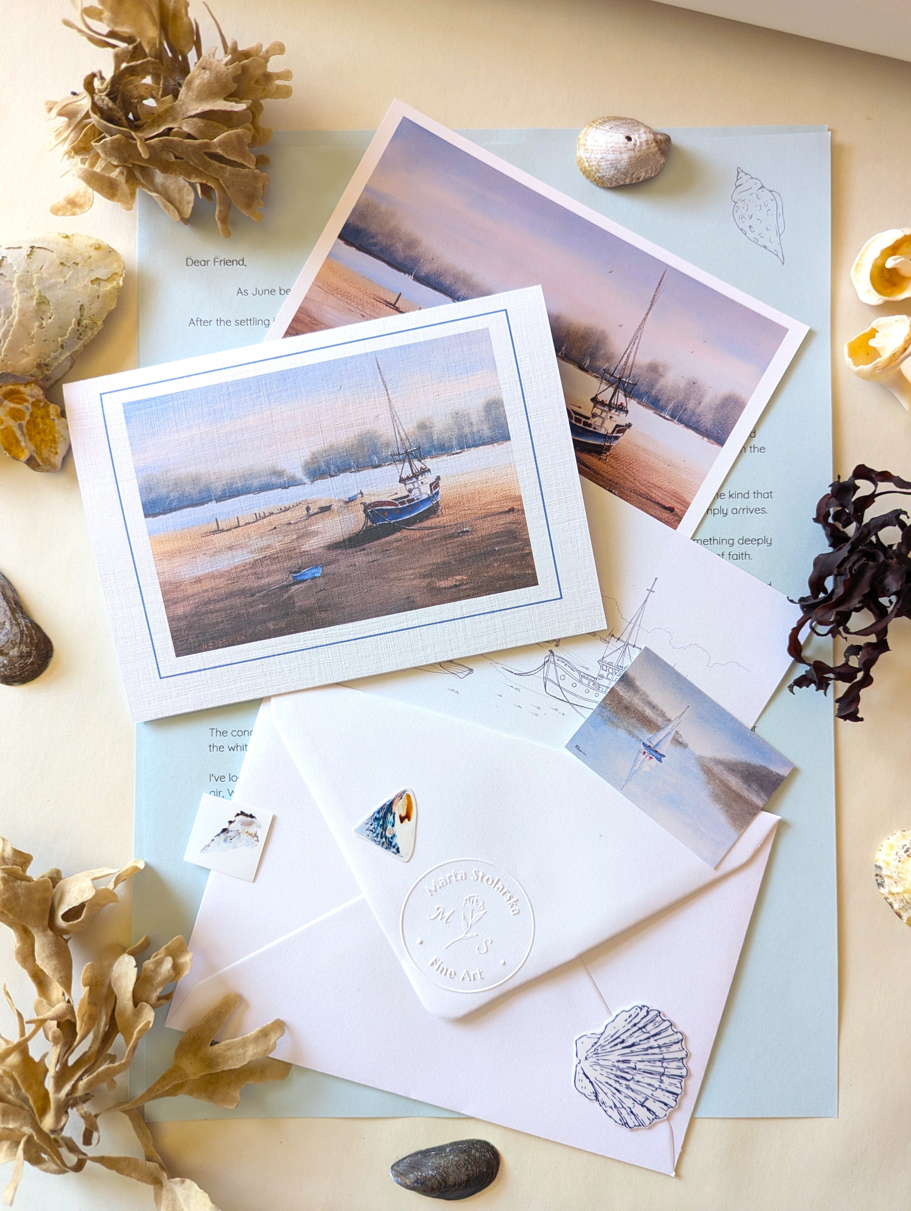 Coastal Mail Club original art subscription, receive original coastal artwork by post from Marta Stolarska. Greeting card, fine art print, stickers, stationery