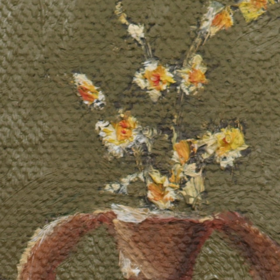 Original oil painting of old terracotta, aged ceramic pot in warm earthy tones still life