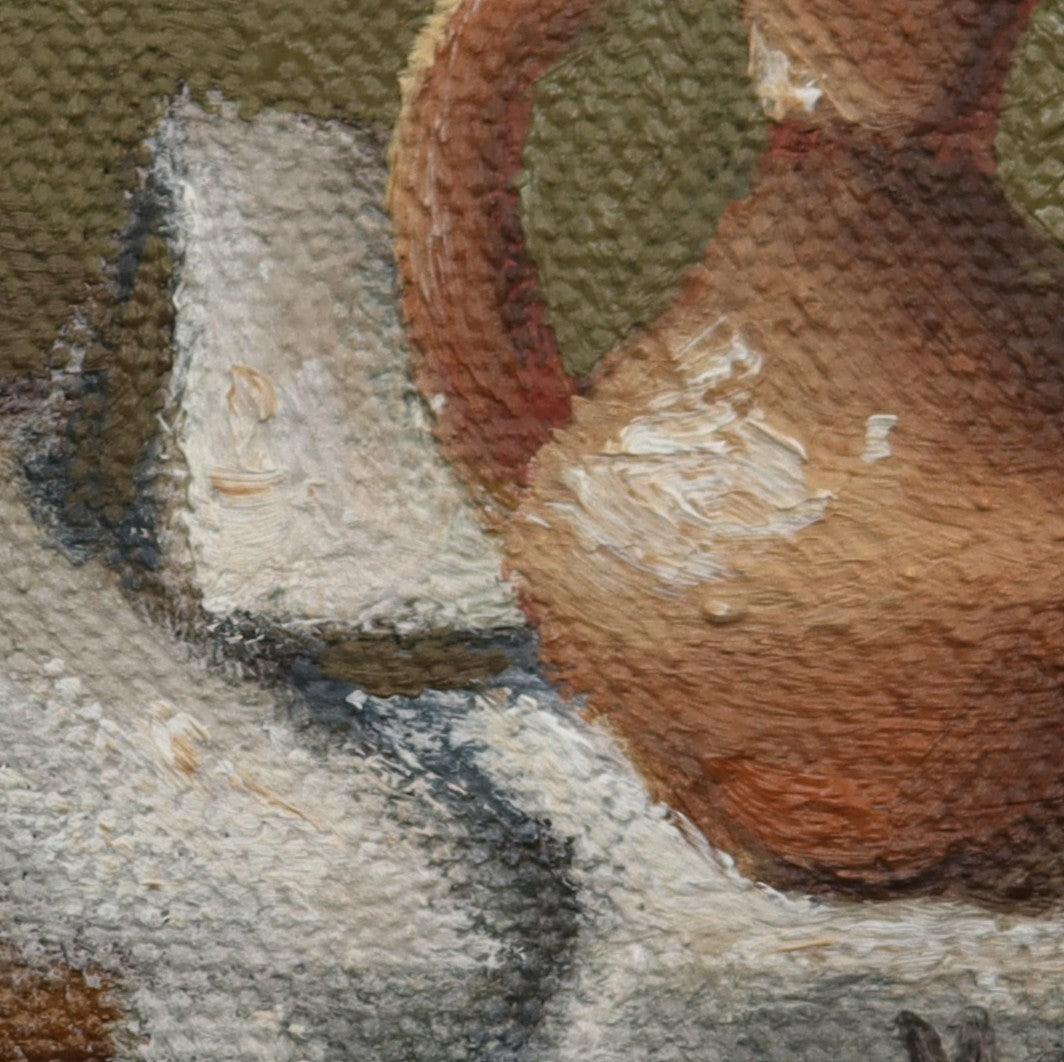 Original oil painting of old terracotta, aged ceramic pot in warm earthy tones still life
