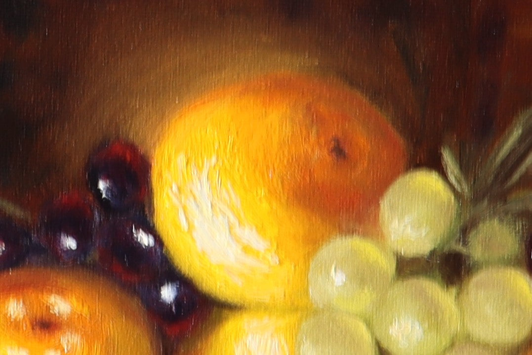 Original oil painting of a fruit bowl in dramatic chiaroscuro light - warm golden tones against a dark background