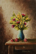 Hot Air and Roses - original oil painting by Marta Stolarska, deep pink roses and yellow-green foliage in a cobalt blue vase on a wooden side table, warm golden background, painted on handmade linen board, 10 x 15 cm