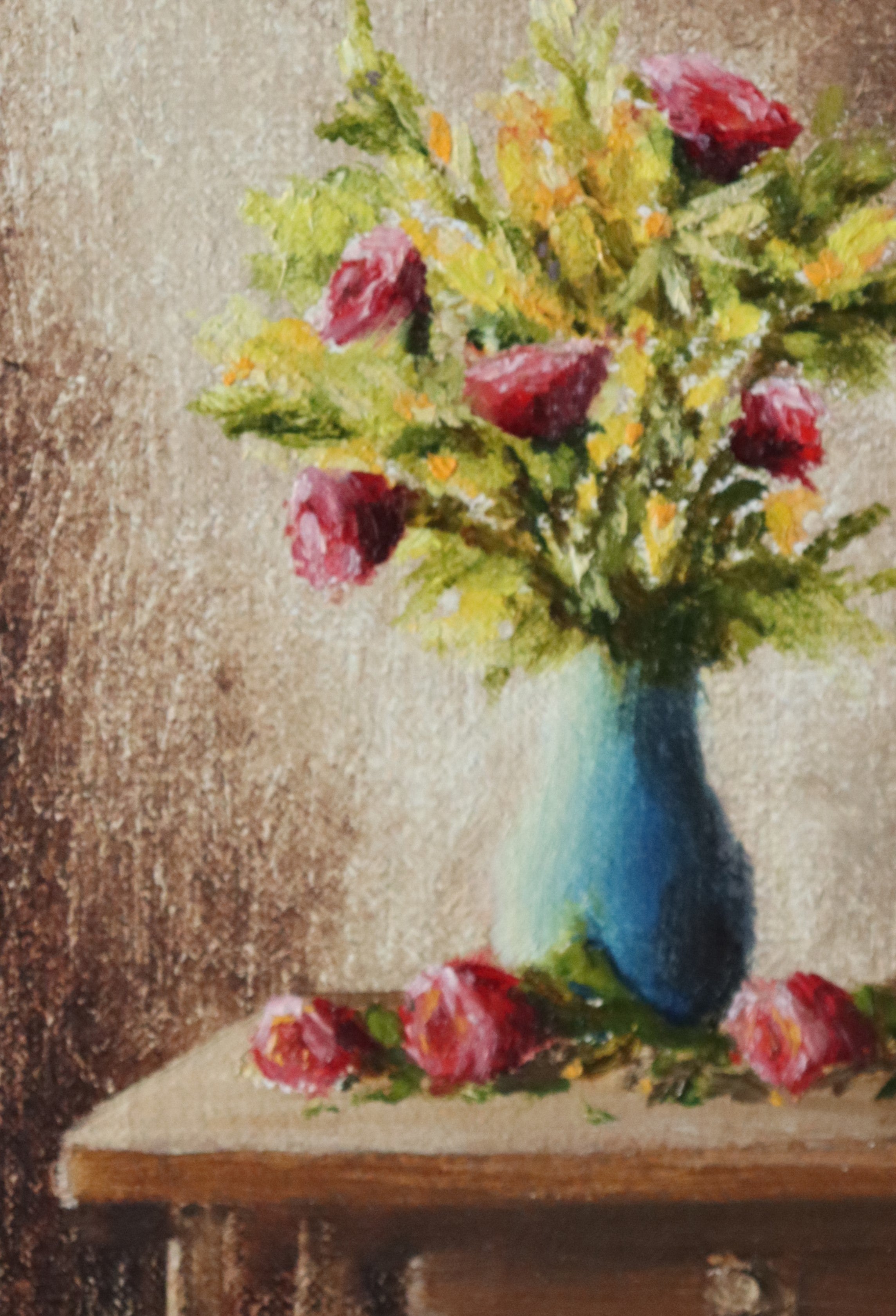 Close-up detail of Hot Air and Roses - deep pink rose petals and cobalt blue vase against a warm golden background, expressive oil brushwork on handmade linen board by Marta Stolarska
