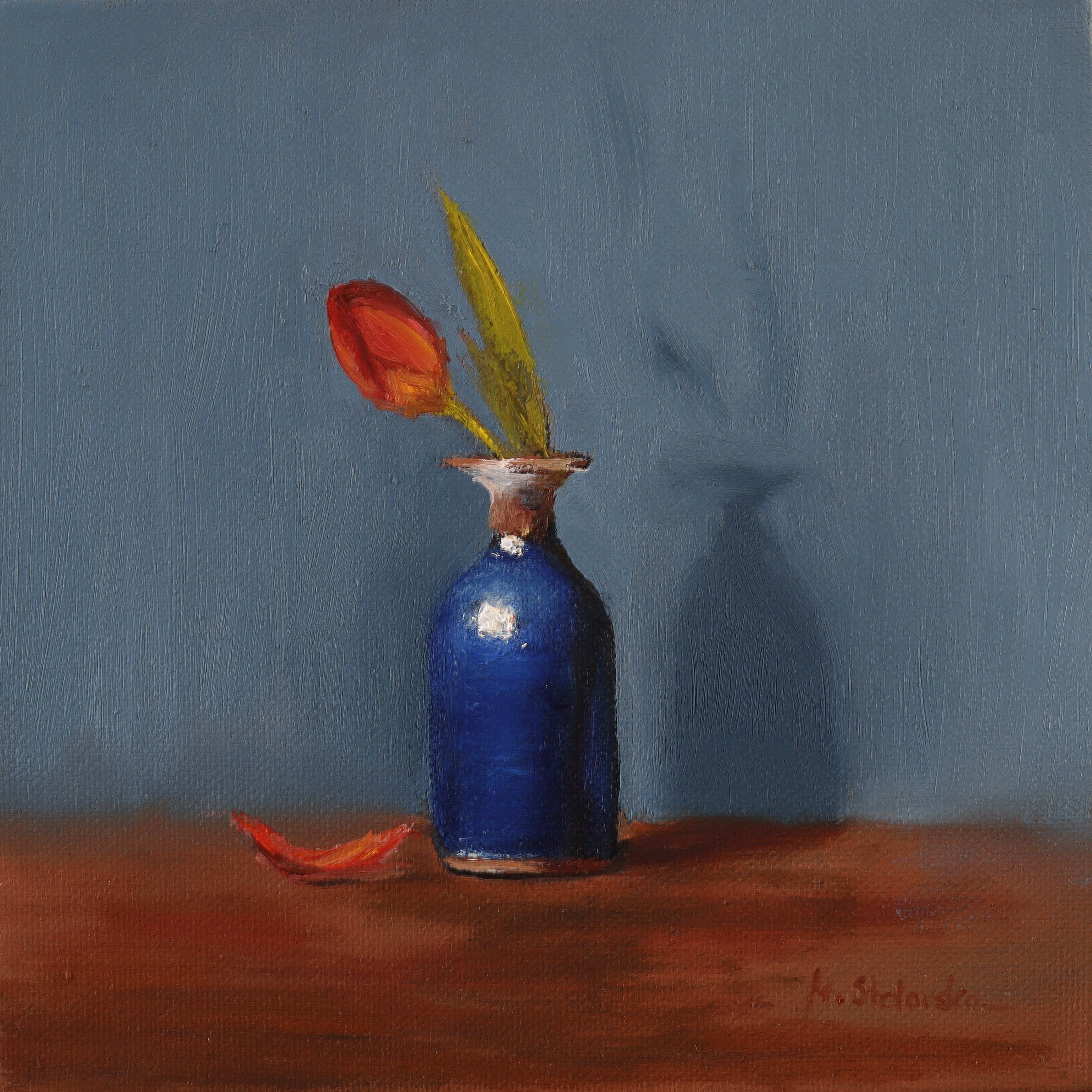 One Petal Gone - original oil painting by Marta Stolarska, single red tulip in antique blue vase against deep blue background, 20x20cm deep edge canvas, ready to hang