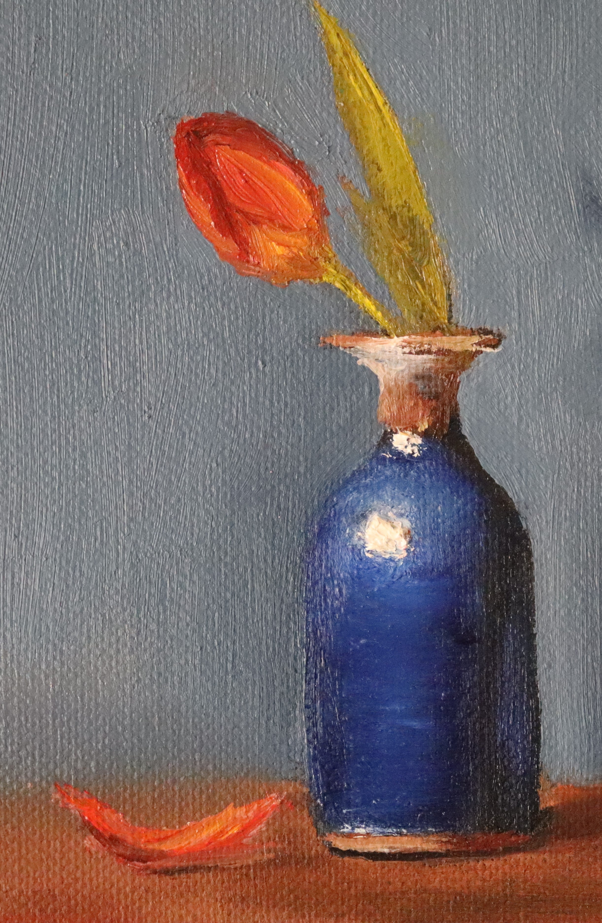 Close-up detail of One Petal Gone - red tulip with missing petal in antique blue vase, brushwork and texture in oil by Marta Stolarska