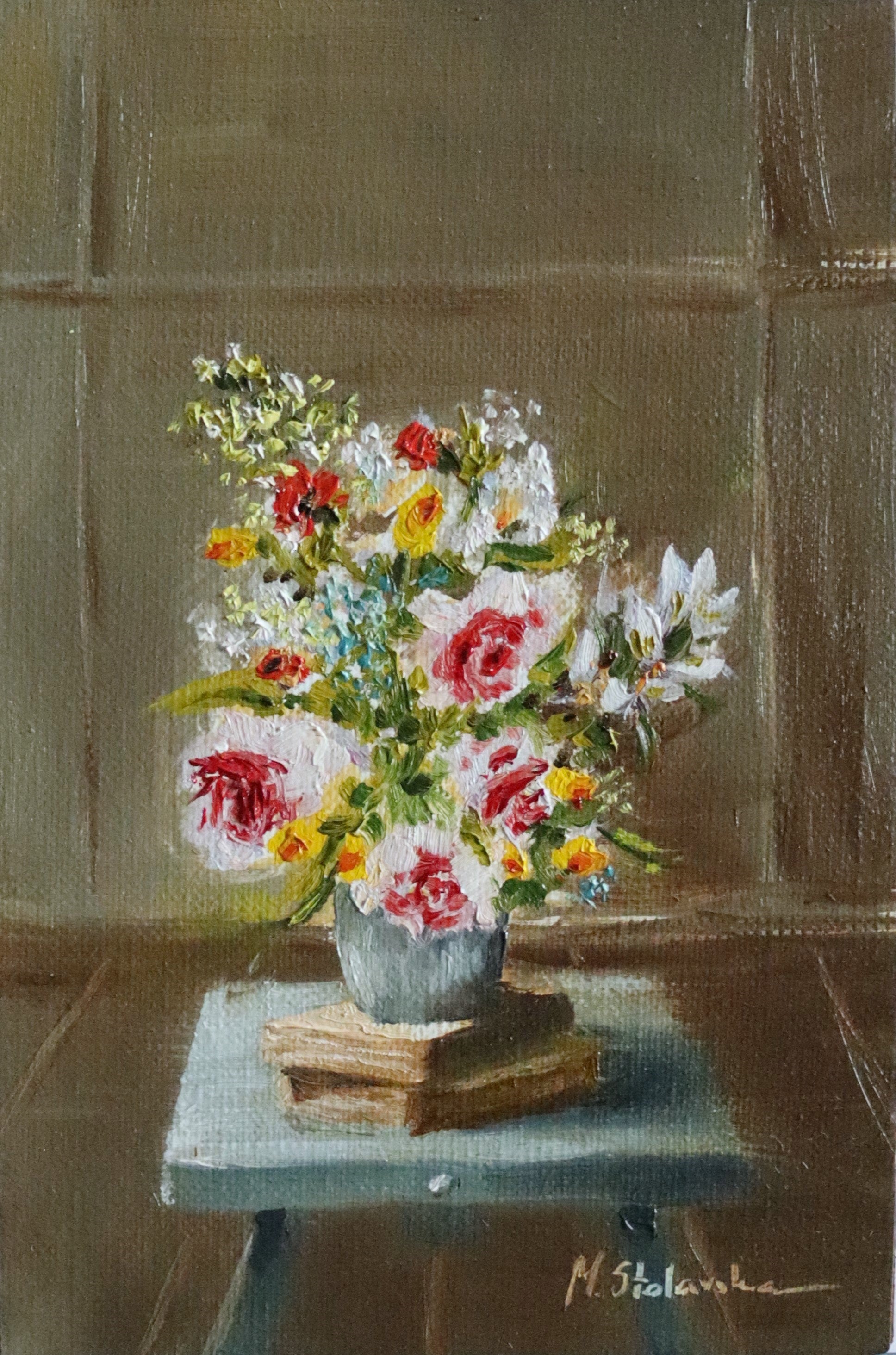 May Abundance - original oil painting by Marta Stolarska, an overflowing spring bouquet of pink roses and white flowers in a vase on a taboret with notebooks, painted from life on handmade linen board, 10 x 15 cm