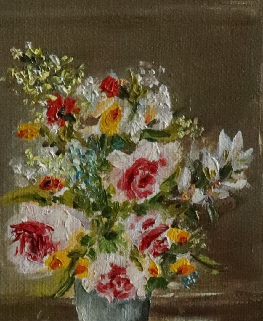 Close-up detail of May Abundance - pink roses, white blooms and yellow flowers tumbling from a vase, expressive oil brushwork on handmade linen board by Marta Stolarska