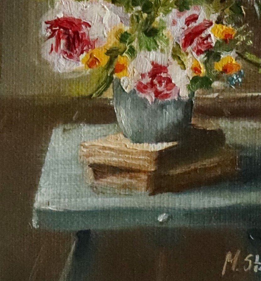 Close-up detail of May Abundance - pink roses, white blooms and yellow flowers tumbling from a vase, expressive oil brushwork on handmade linen board by Marta Stolarska