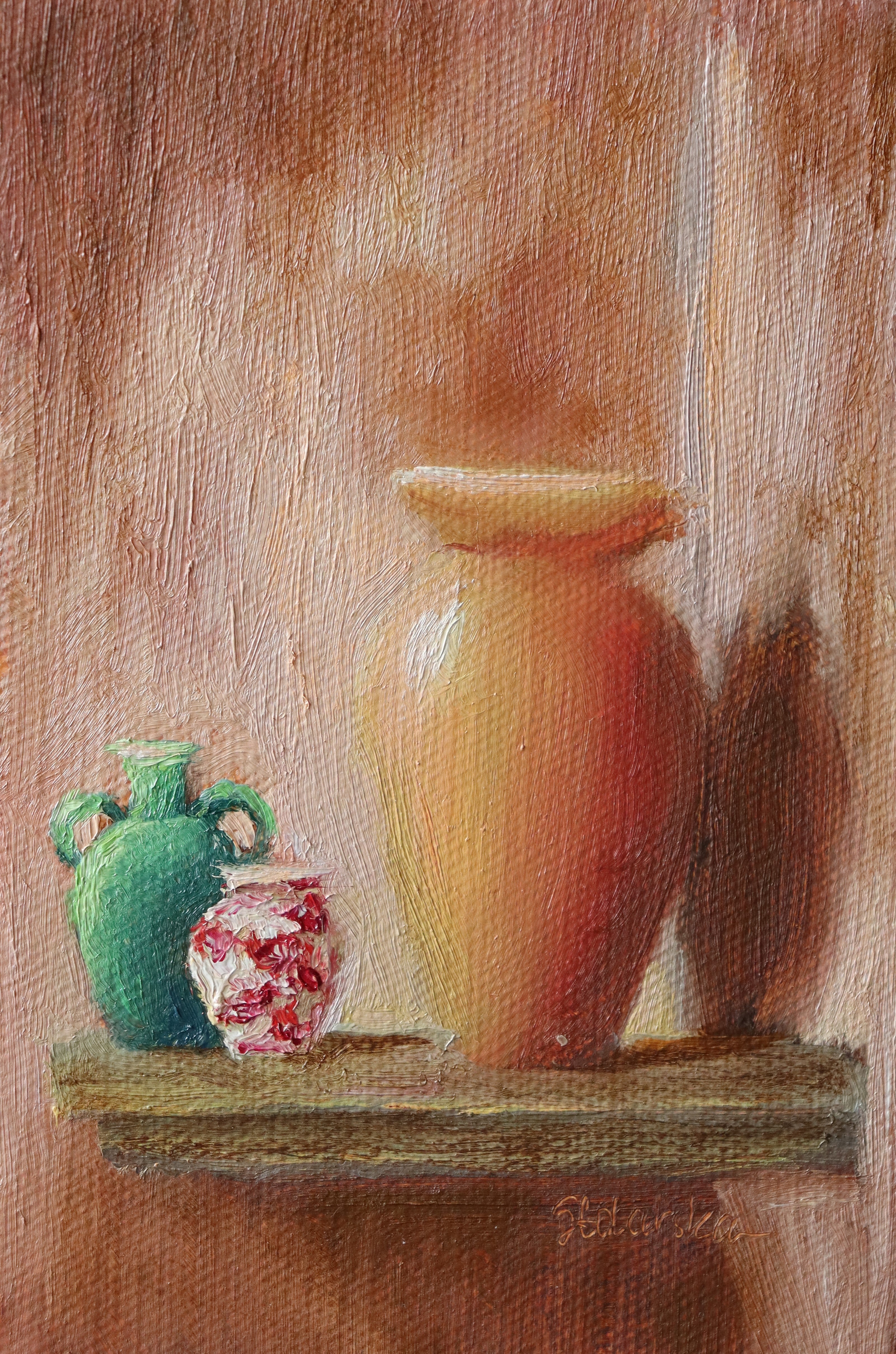 Three ceramic vases on a wooden shelf against a textured brown background. Original oil still life painting of Mediterranean pottery in warm golden light, terracotta and ceramic vessels