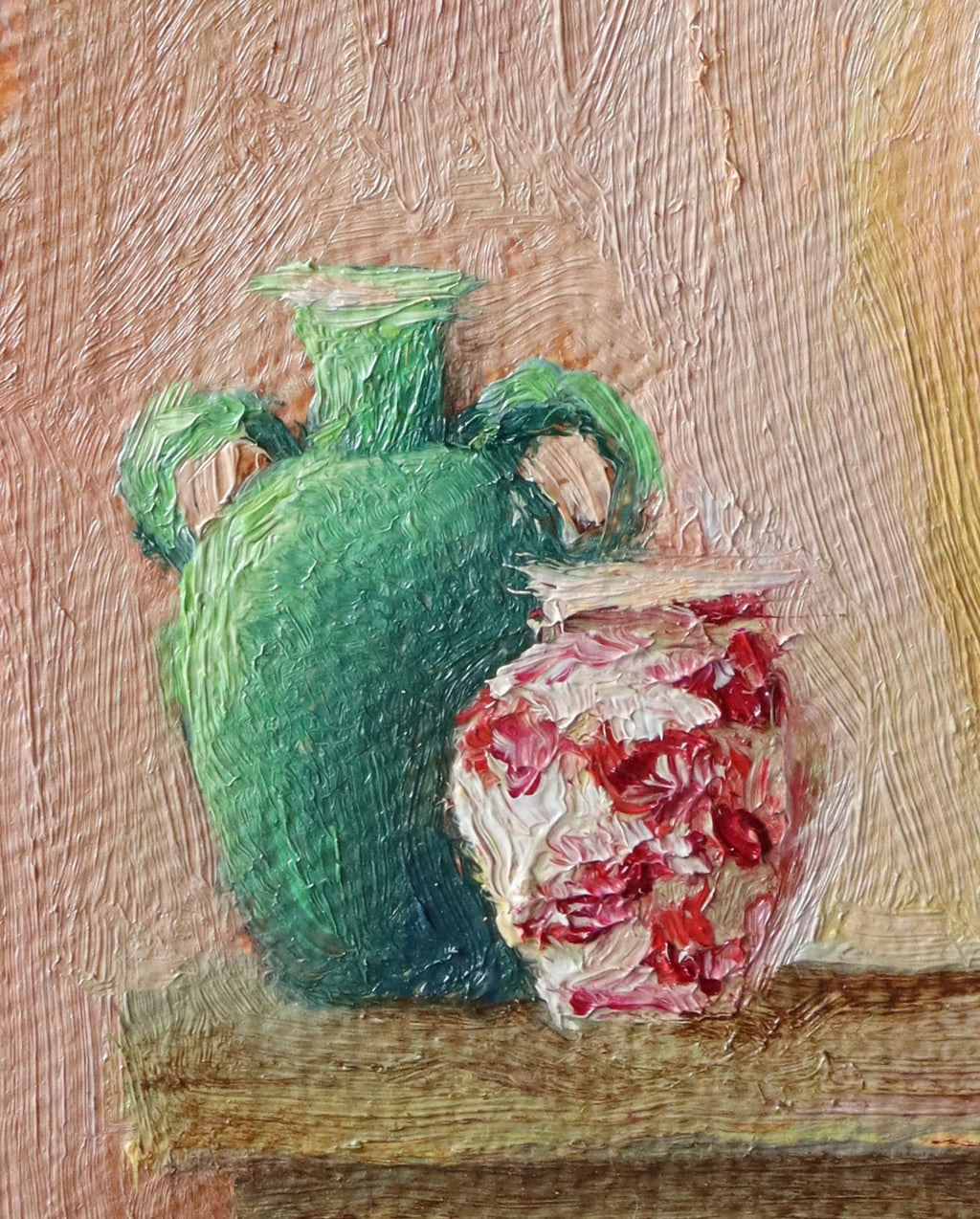 Green vase and pink flower on a wooden surface with textured. Original oil still life painting of Mediterranean pottery in warm golden light, terracotta and ceramic vessels background
