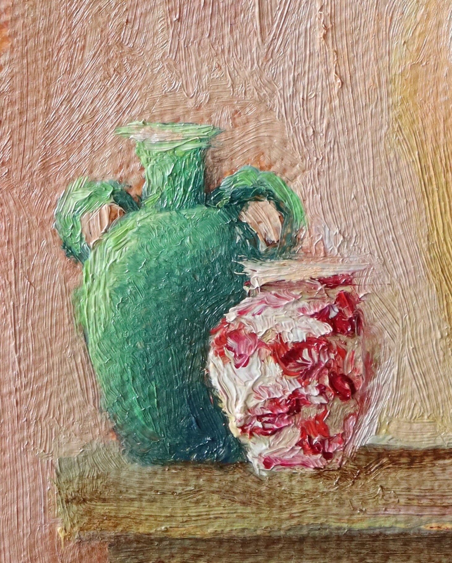 Green vase and pink flower on a wooden surface with textured. Original oil still life painting of Mediterranean pottery in warm golden light, terracotta and ceramic vessels background