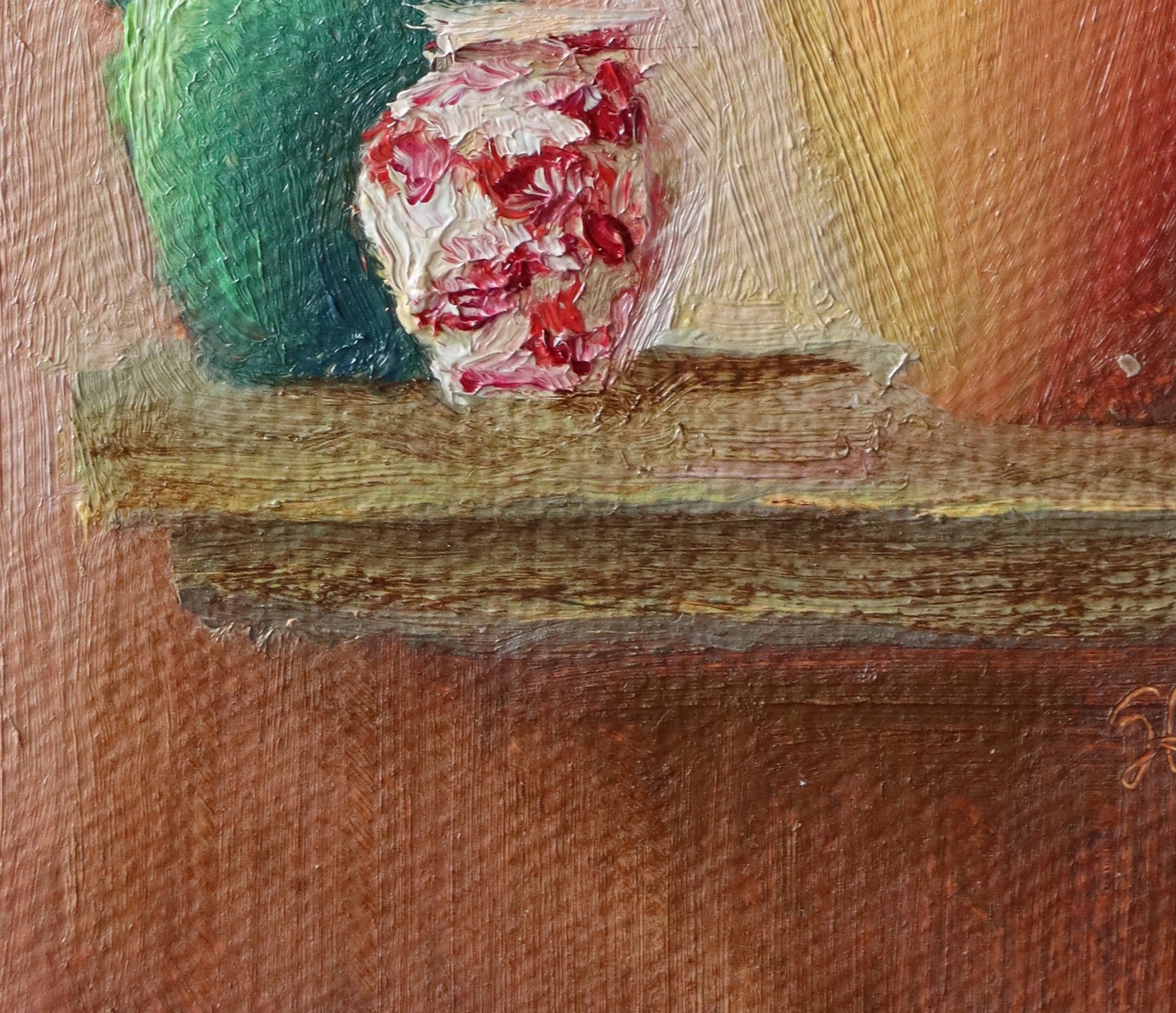 Close-up of a painting with a textured surface, showing a small object on a ledge. 