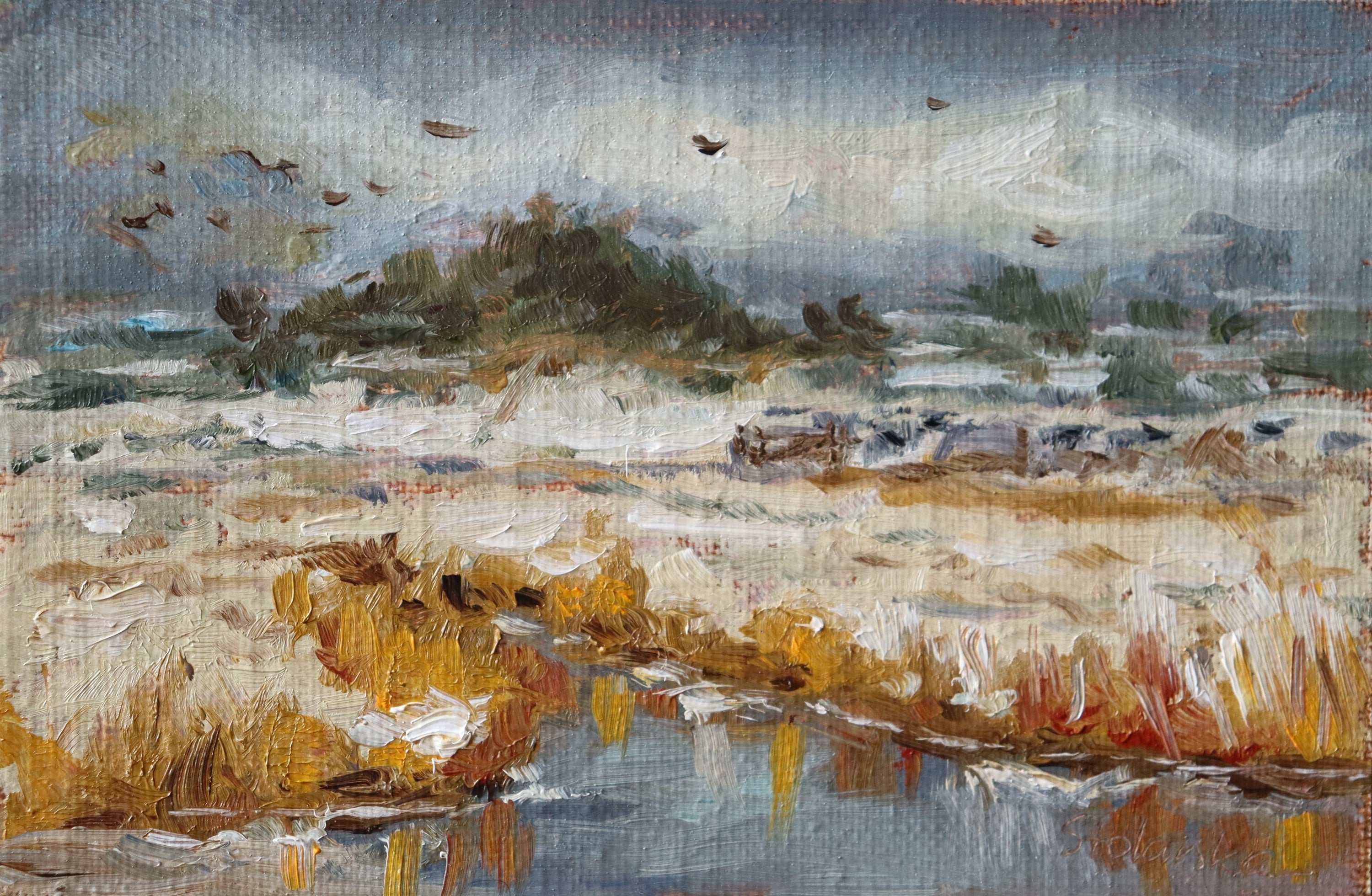 Painting of a landscape with water, grass, and birds. Original oil painting of a moody Suffolk marsh, overcast atmospheric sky reflected in still water