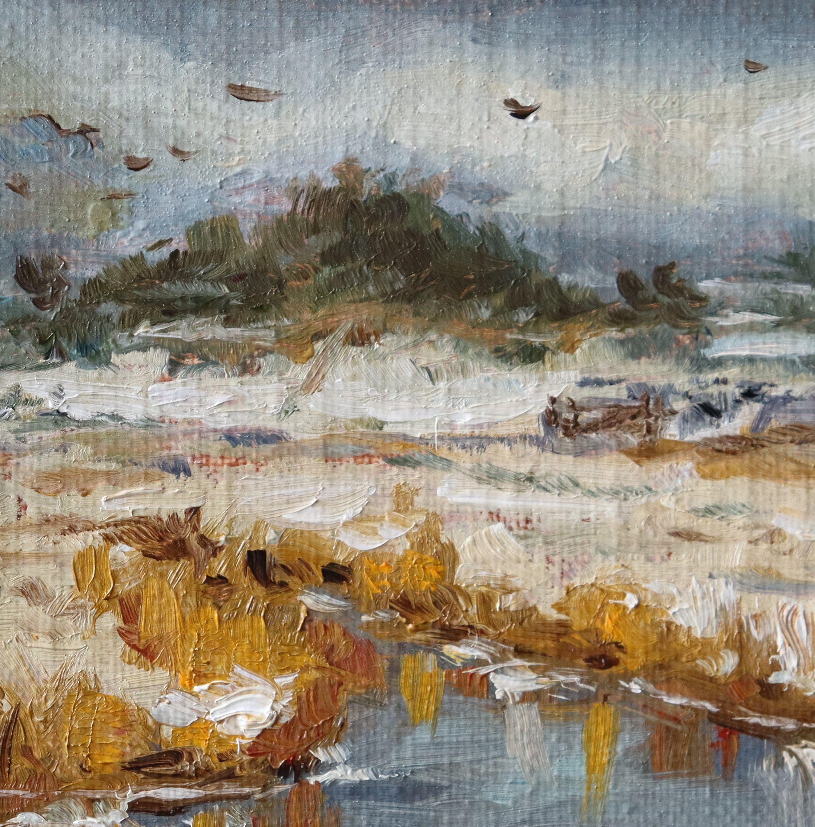 Painting of a landscape with boats and trees. Original oil painting of a moody Suffolk marsh, overcast atmospheric sky reflected in still water