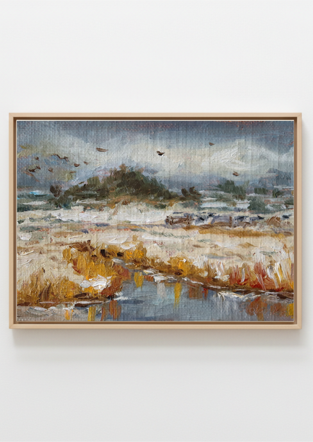 Painting of a landscape with water, grass, and birds. Original oil painting of a moody Suffolk marsh, overcast atmospheric sky reflected in still water