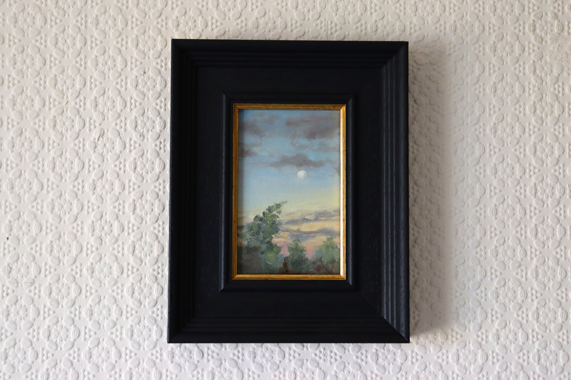 Moon Over Oulton Broad - original oil painting in a black wooden box frame with gold inner slip, ready to hang. Moonlit evening sky over Oulton Broad, Suffolk. 4 x 6 inches by Marta Stolarska Fine Art.