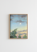Moon Over Oulton Broad - original oil painting of the moon rising over Suffolk trees just after sunset, warm evening sky with soft clouds. Oil on handmade linen board, 4 x 6 inches, by Marta Stolarska.