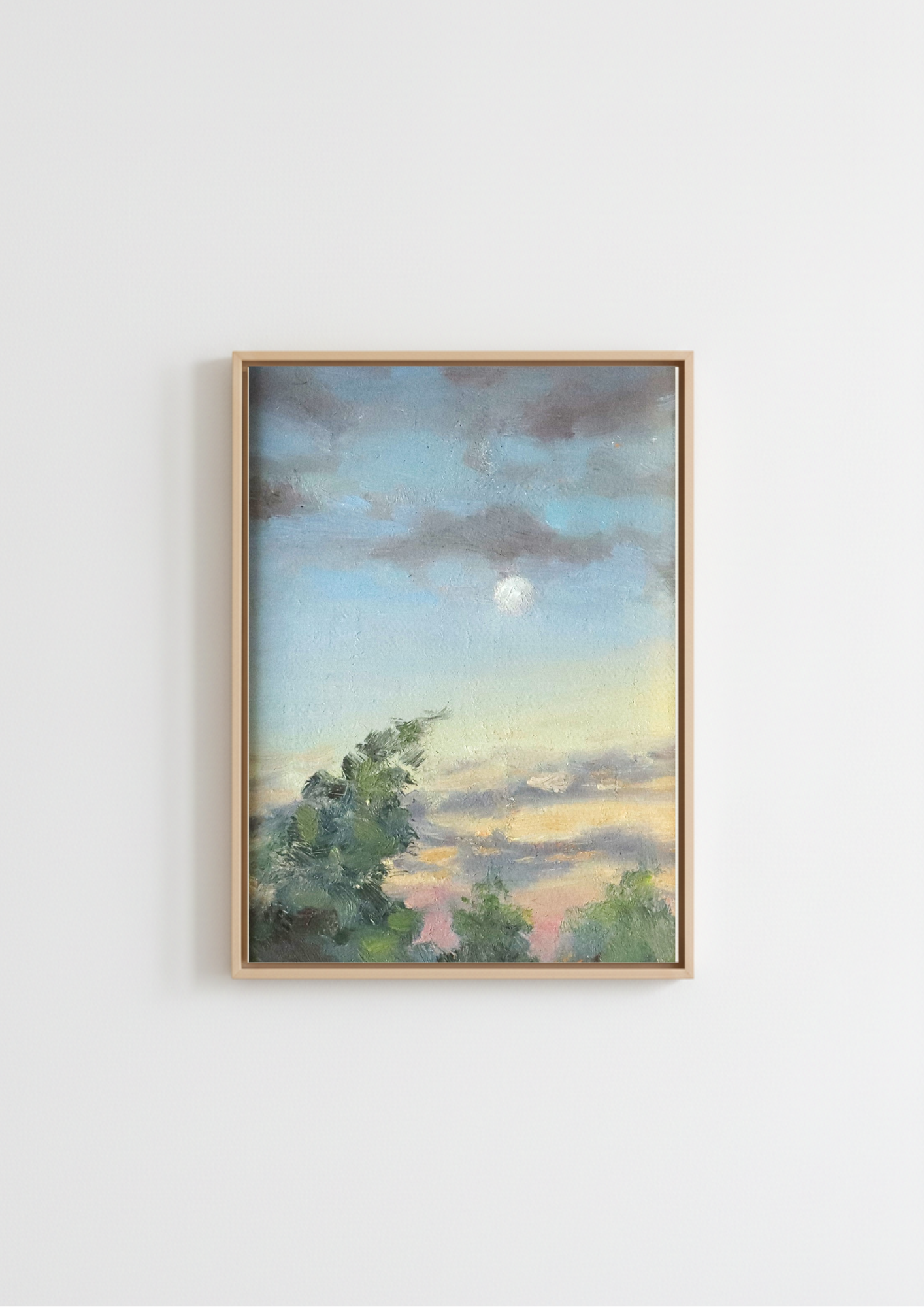 Moon Over Oulton Broad - original oil painting of the moon rising over Suffolk trees just after sunset, warm evening sky with soft clouds. Oil on handmade linen board, 4 x 6 inches, by Marta Stolarska.