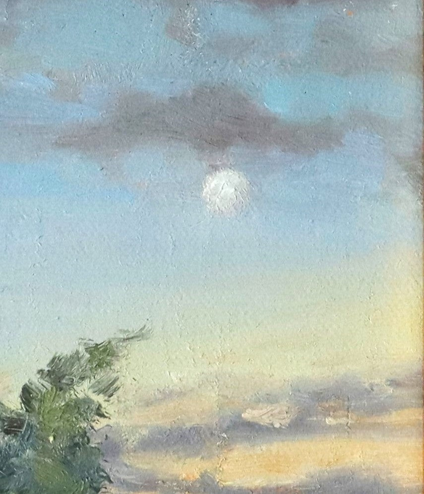 Close-up detail of Moon Over Oulton Broad original oil painting, showing brushwork and texture of the evening sky and moonlight. Oil on handmade linen board by Marta Stolarska.