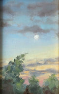 Moon Over Oulton Broad - original oil painting of the moon rising over Suffolk trees just after sunset, warm evening sky with soft clouds. Oil on handmade linen board, 4 x 6 inches, by Marta Stolarska.