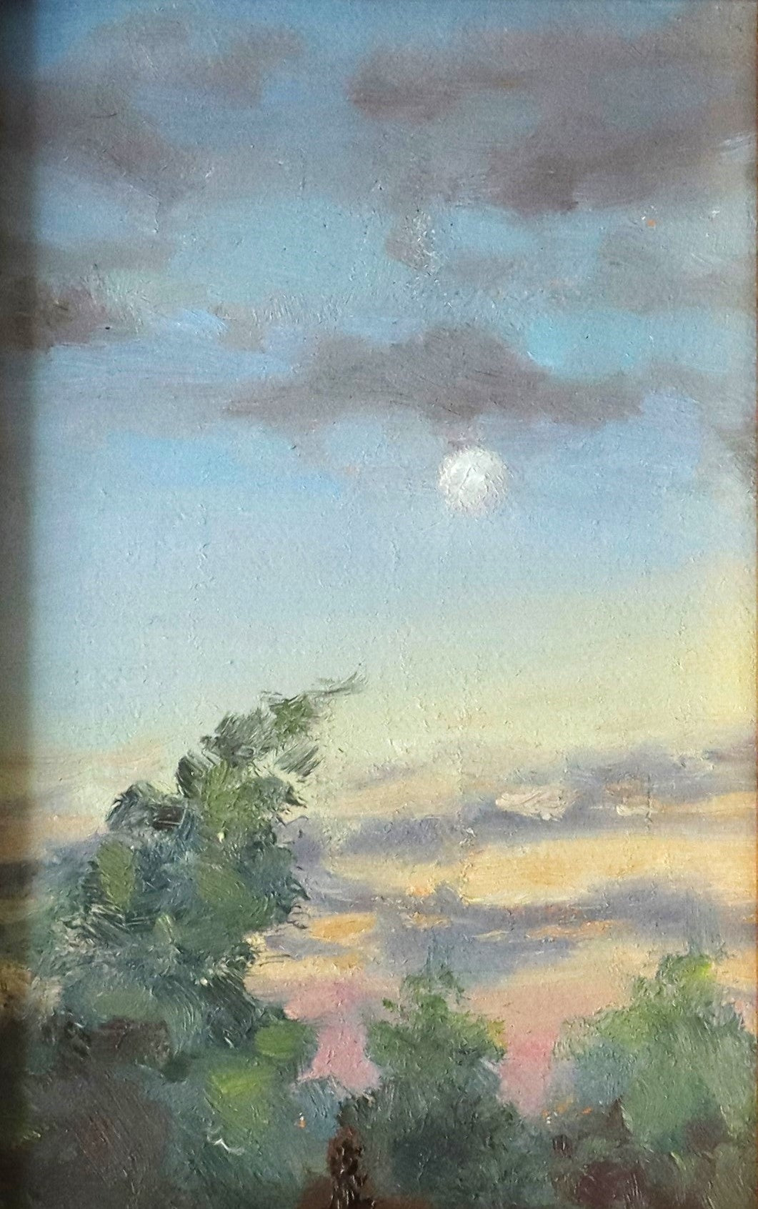Moon Over Oulton Broad - original oil painting of the moon rising over Suffolk trees just after sunset, warm evening sky with soft clouds. Oil on handmade linen board, 4 x 6 inches, by Marta Stolarska.
