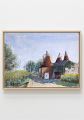 Watercolor painting of a traditional oast house with thatched roofs in a rural setting. Local artist. Original watercolour painting of old oast houses in English countryside, half observed half imagined, Kent landscape