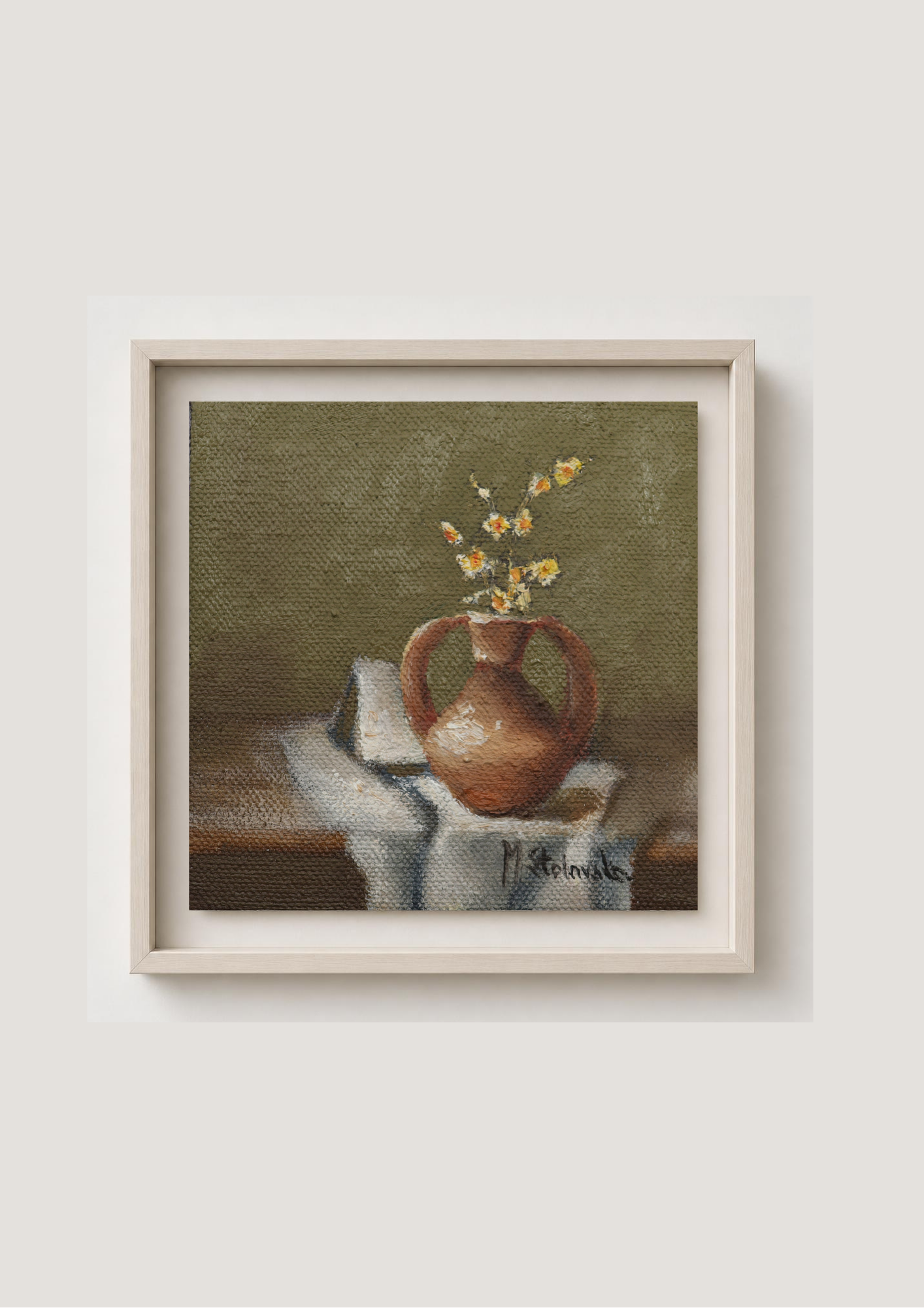 Original oil painting of old terracotta, aged ceramic pot in warm earthy tones still life