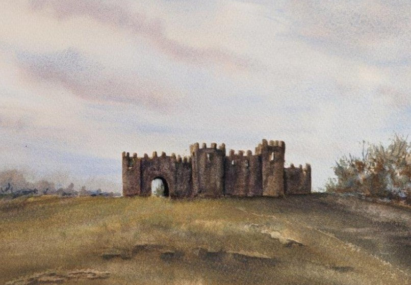 Original watercolour painting of Beacon Hill Toposcope Lickey Hills Birmingham at the turn from summer to autumn, burnt grasses and dramatic clouds
