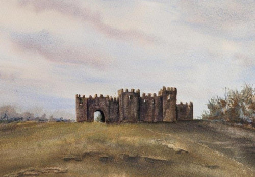 Original watercolour painting of Beacon Hill Toposcope Lickey Hills Birmingham at the turn from summer to autumn, burnt grasses and dramatic clouds
