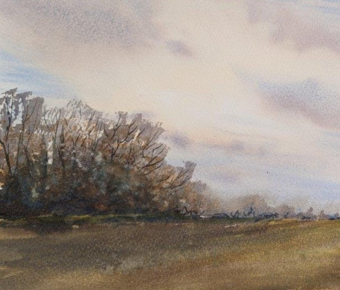 Watercolor landscape of a field with trees and a cloudy sky Original watercolour painting of Beacon Hill Toposcope Lickey Hills Birmingham at the turn from summer to autumn, burnt grasses and dramatic clouds