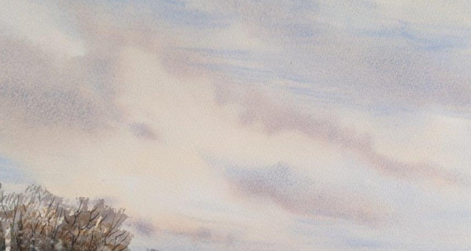 Original watercolour painting of Beacon Hill Toposcope Lickey Hills Birmingham at the turn from summer to autumn, burnt grasses and dramatic clouds