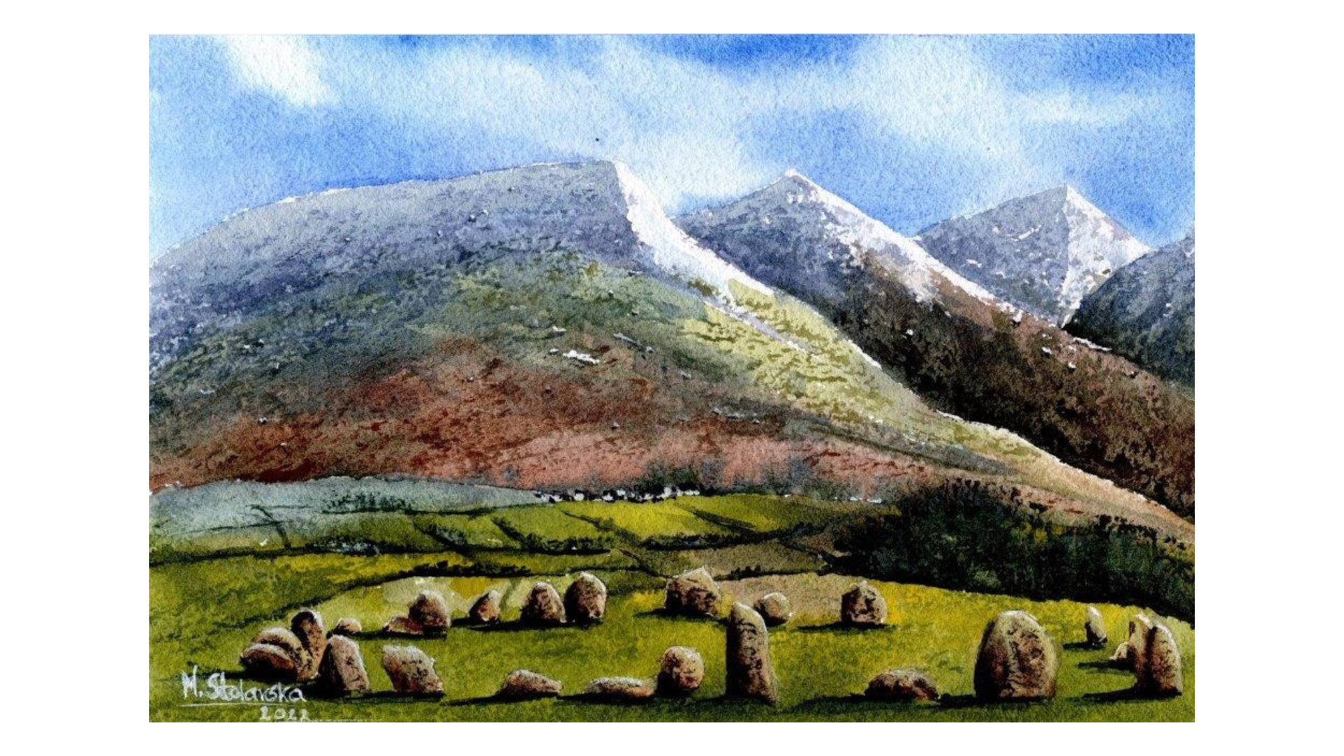 Original watercolour painting of Castlerigg Stone Circle with snow-capped Lake District fells behind, light airy sky