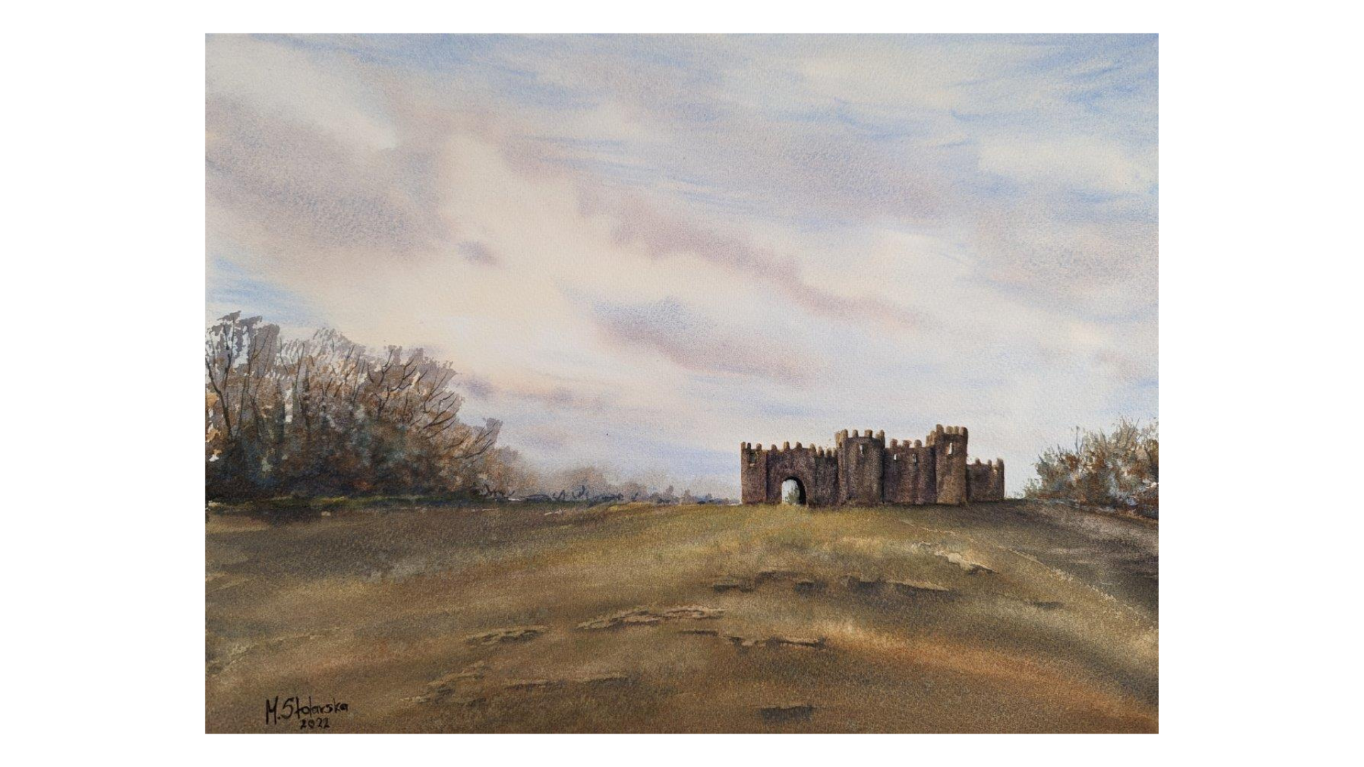 Original watercolour painting of Beacon Hill Toposcope Lickey Hills Birmingham at the turn from summer to autumn, burnt grasses and dramatic clouds
