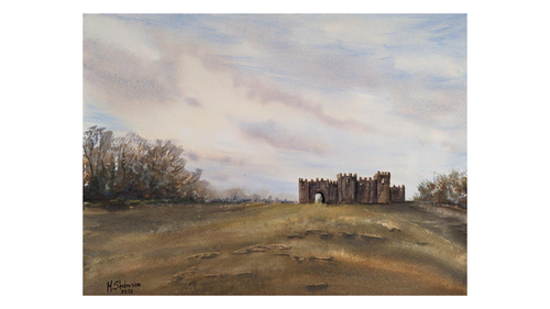 Original watercolour painting of Beacon Hill Toposcope Lickey Hills Birmingham at the turn from summer to autumn, burnt grasses and dramatic clouds