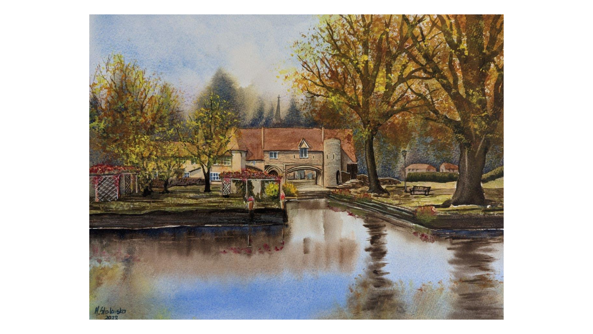 Painting of a village scene with a canal and trees. Original painting of Pulls Ferry Norwich, historic watergate on the River Wensum