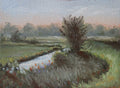 Original painting of Oulton Broads by the Waveney River Suffolk, boats on calm water by a local artist working and living in the area, Marta Stolarska