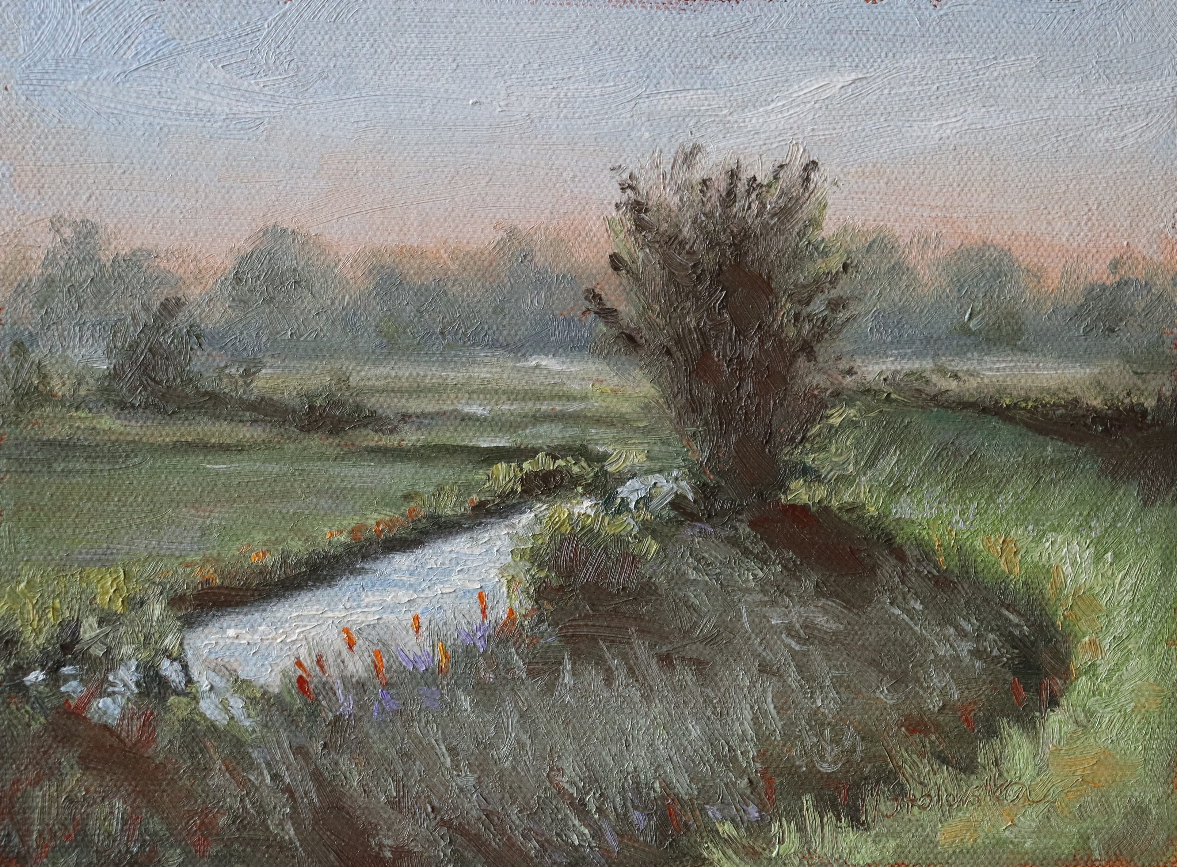 Original painting of Oulton Broads by the Waveney River Suffolk, boats on calm water by a local artist working and living in the area, Marta Stolarska
