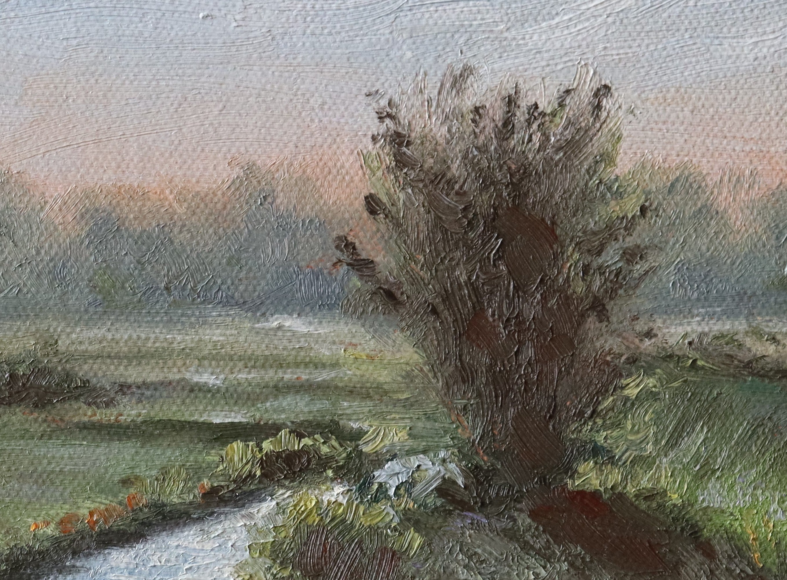 Artistic depiction of a landscape with a bush and field. Original painting of Oulton Broads by the Waveney River Suffolk, boats on calm water by a local artist working and living in the area, Marta Stolarska