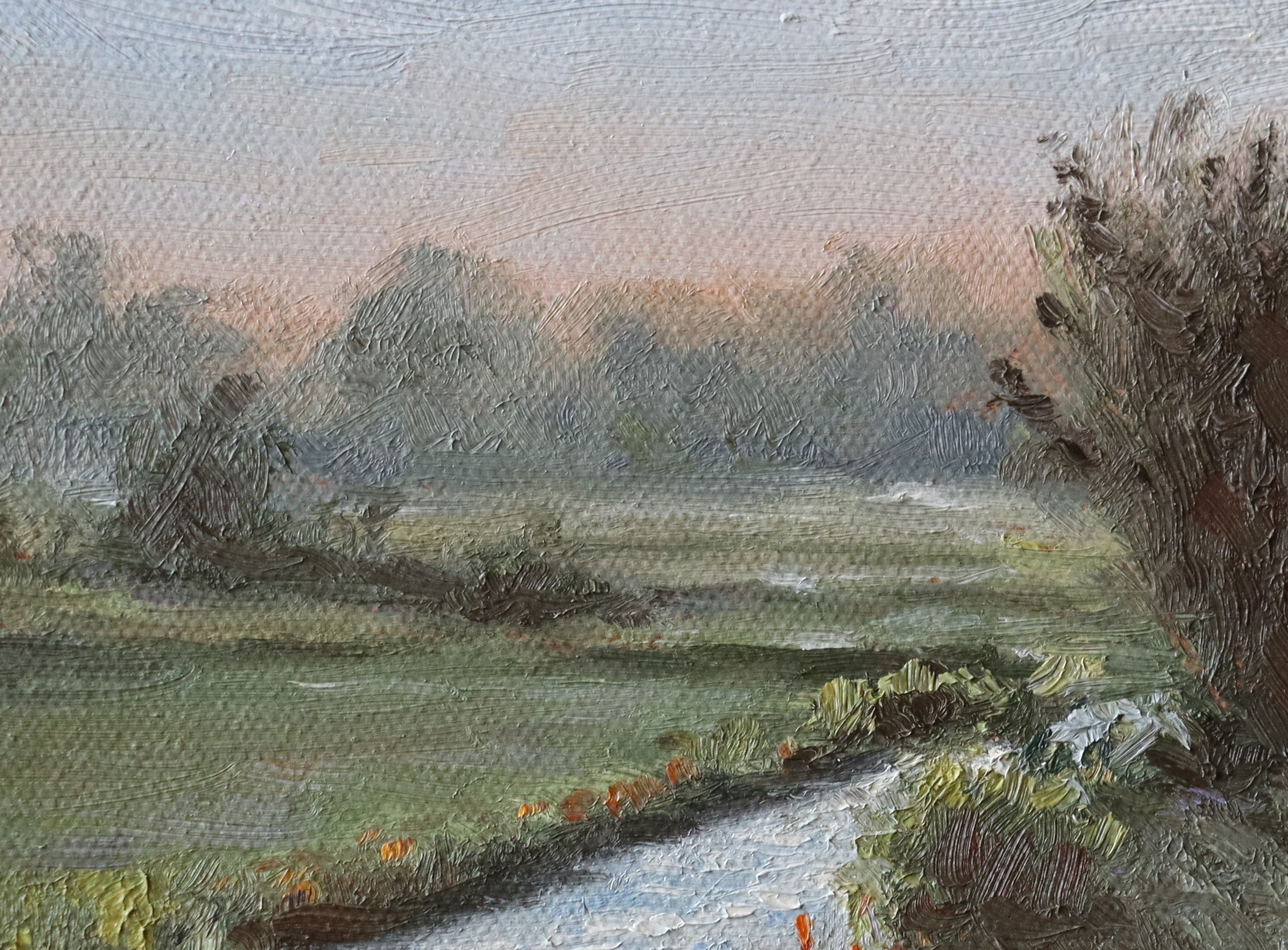 Painting of a landscape with a river and trees. Original painting of Oulton Broads by the Waveney River Suffolk, boats on calm water by a local artist working and living in the area, Marta Stolarska