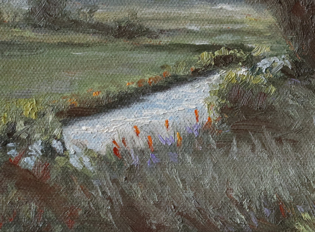 Artistic depiction of a landscape with a path and flowers, possibly from an oil painting. Original painting of Oulton Broads by the Waveney River Suffolk, boats on calm water by a local artist working and living in the area, Marta Stolarska