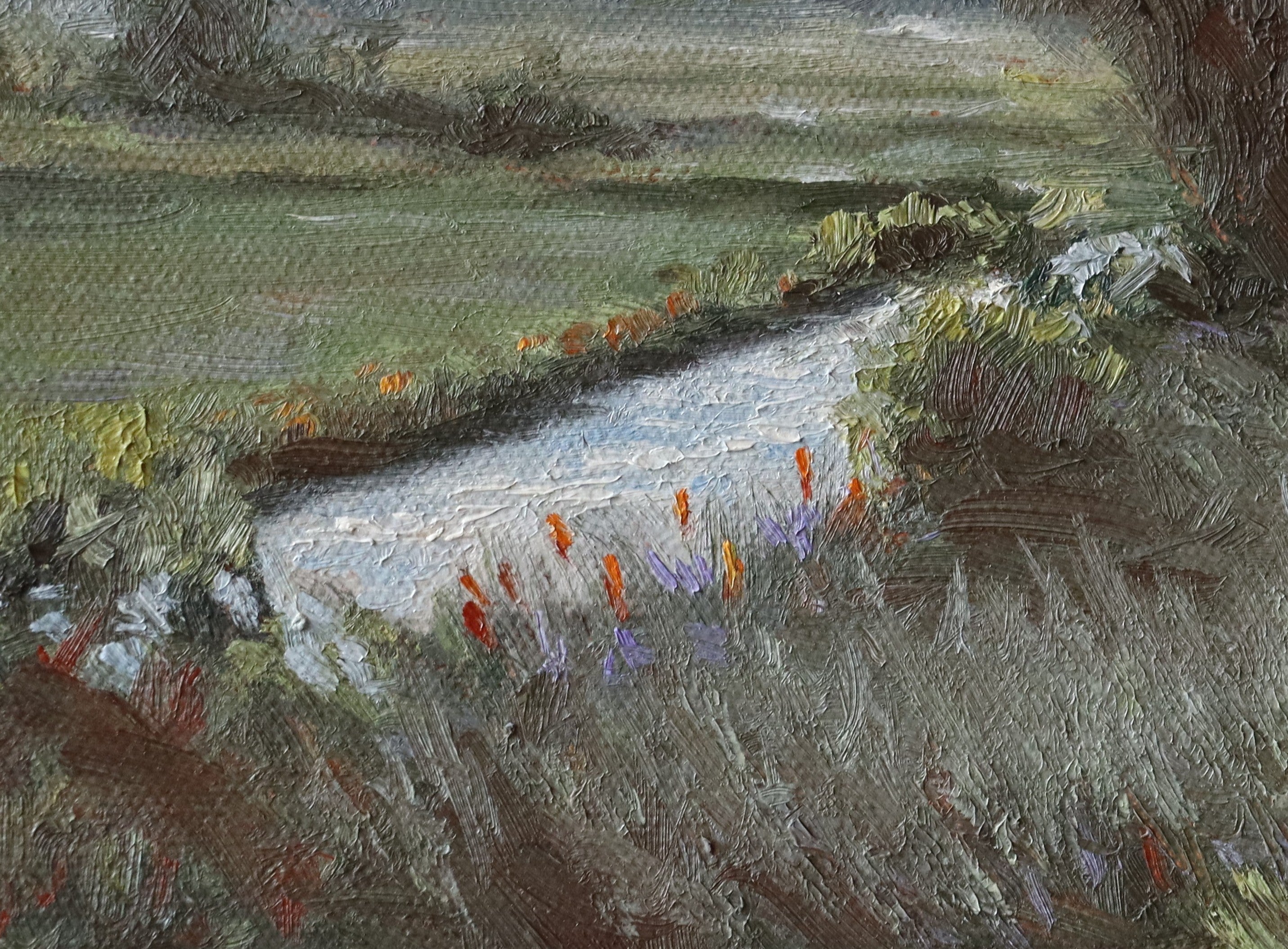 Artistic depiction of a landscape with a path and flowers, possibly from an oil painting. Original painting of Oulton Broads by the Waveney River Suffolk, boats on calm water by a local artist working and living in the area, Marta Stolarska