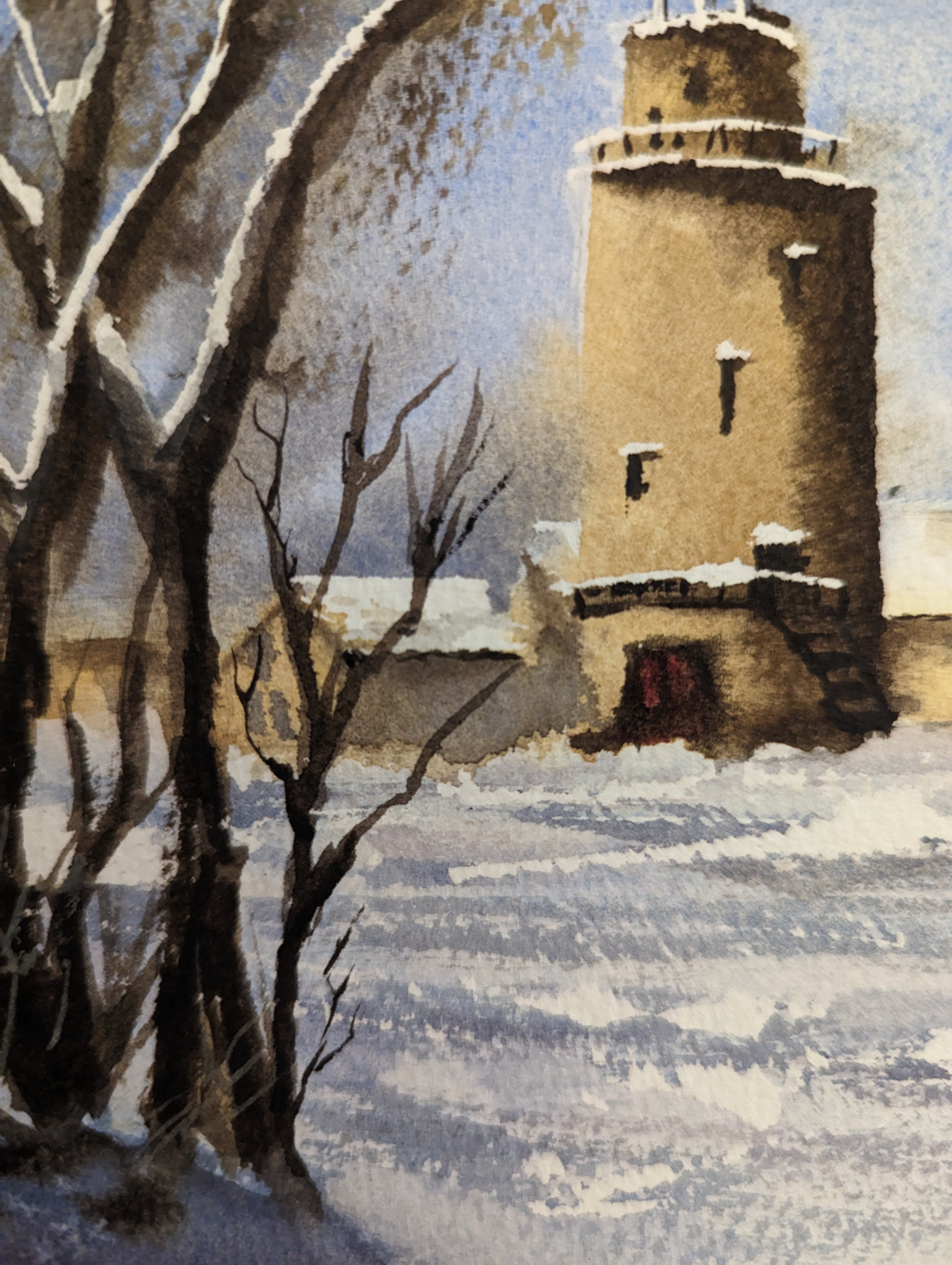 Original watercolour painting of an imagined winter village in snow, soft tones and quiet atmosphere