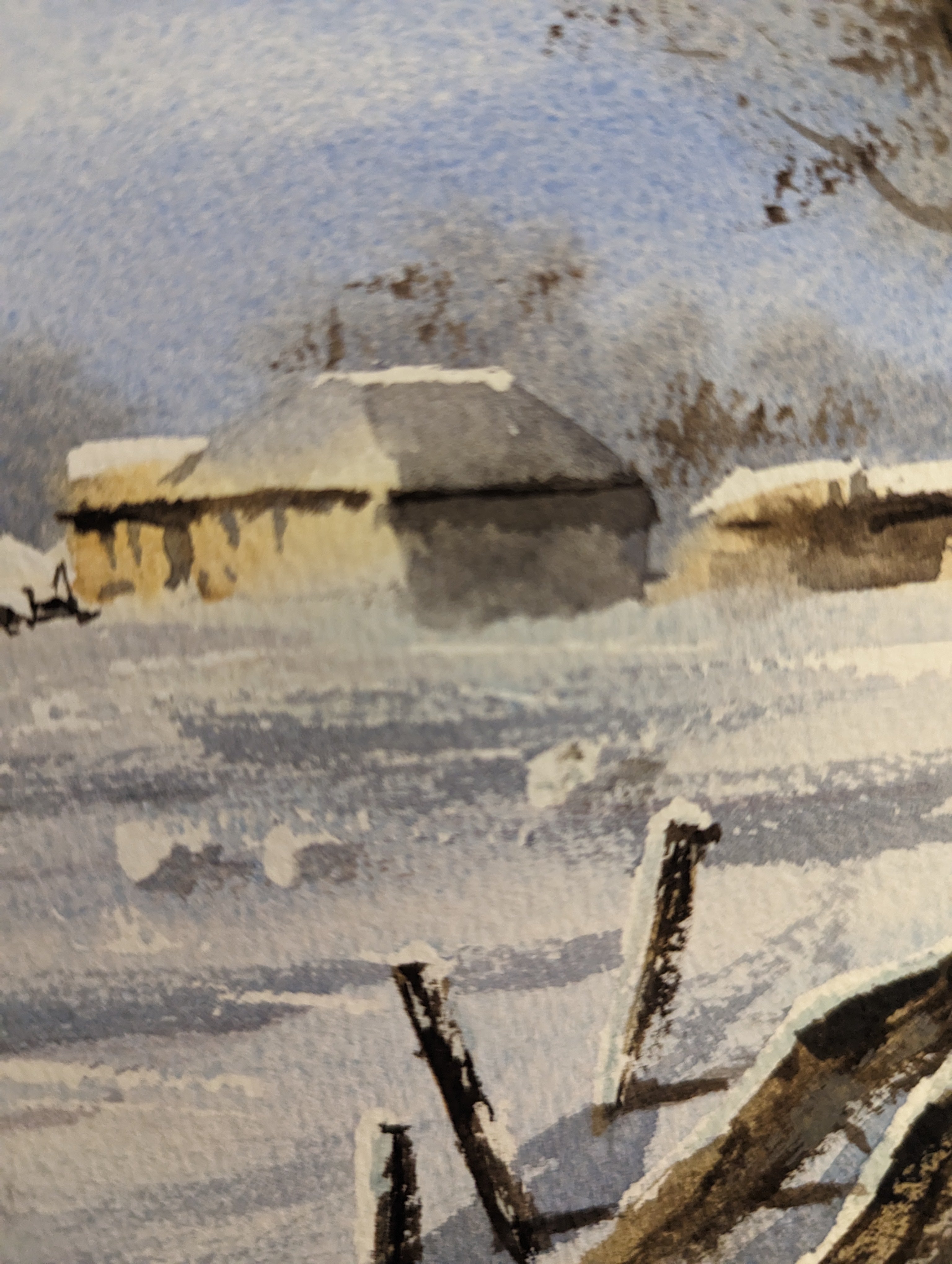 Winter landscape with a house and snow-covered ground. Original watercolour painting of an imagined winter village in snow, soft tones and quiet atmosphere