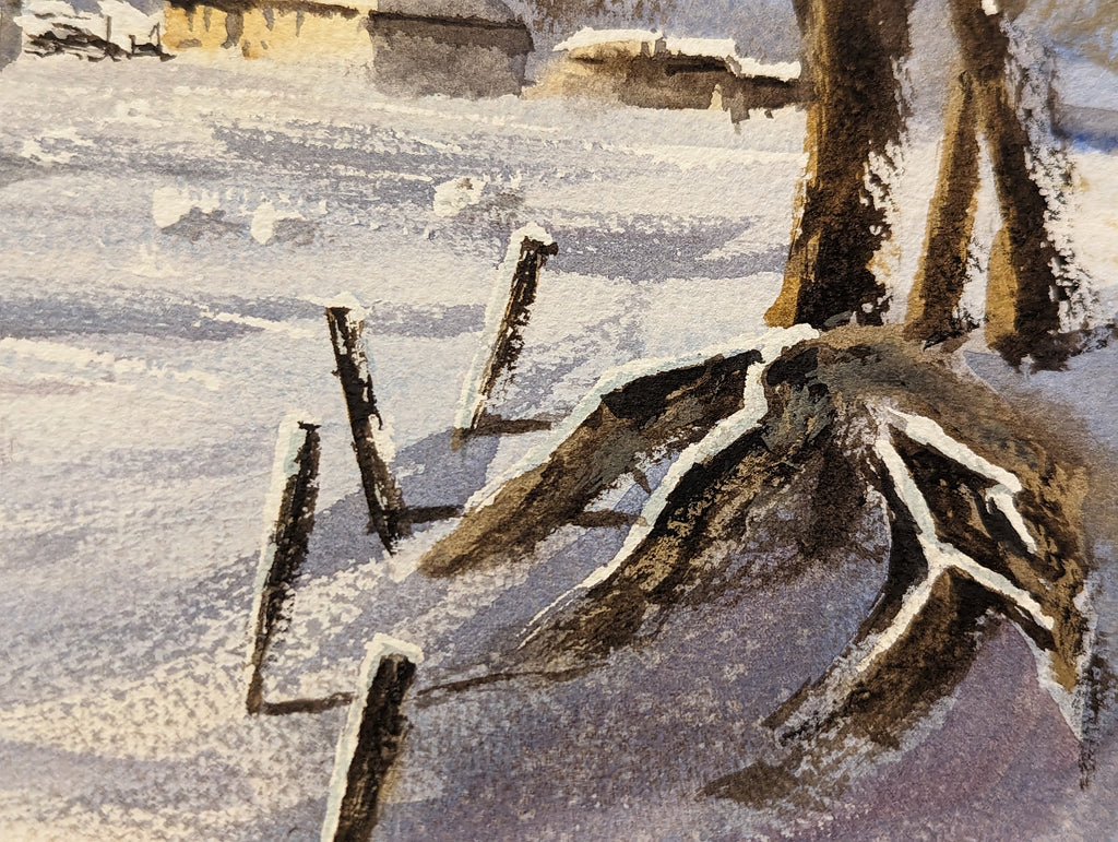 Artistic depiction of a horse in a snowy landscape with trees and a fence. Original watercolour painting of an imagined winter village in snow, soft tones and quiet atmosphere