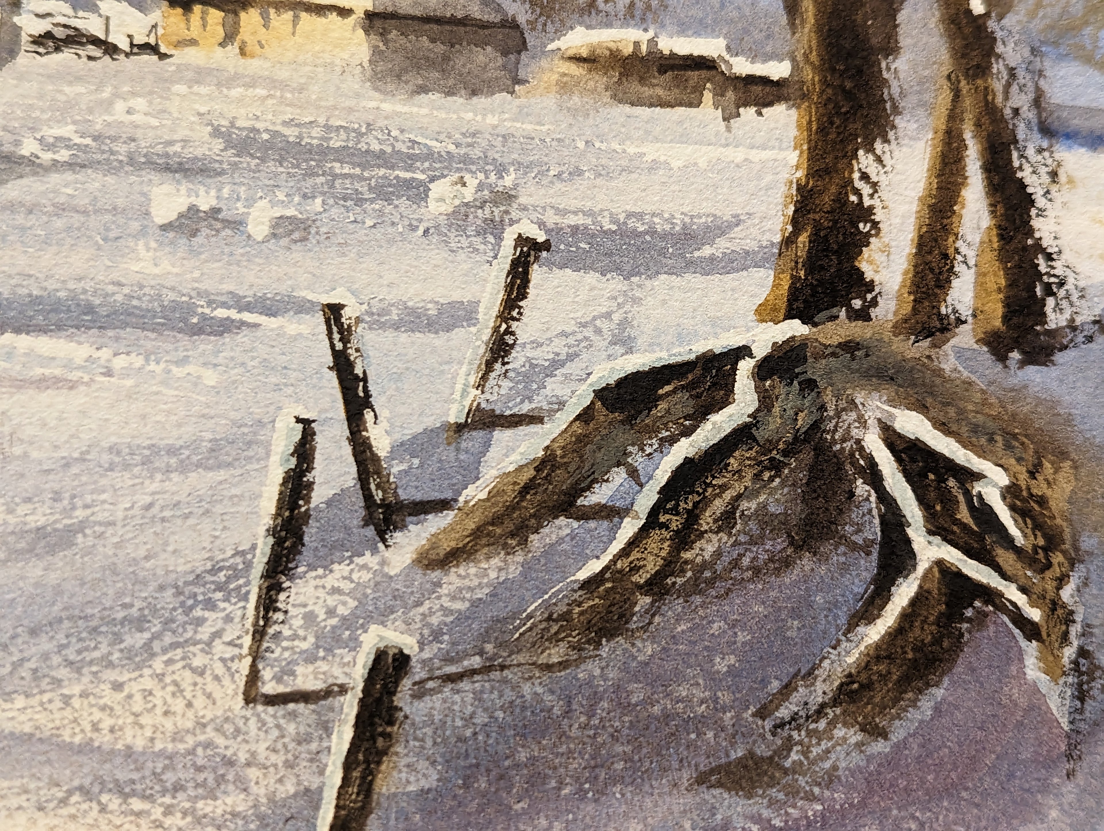 Artistic depiction of a horse in a snowy landscape with trees and a fence. Original watercolour painting of an imagined winter village in snow, soft tones and quiet atmosphere