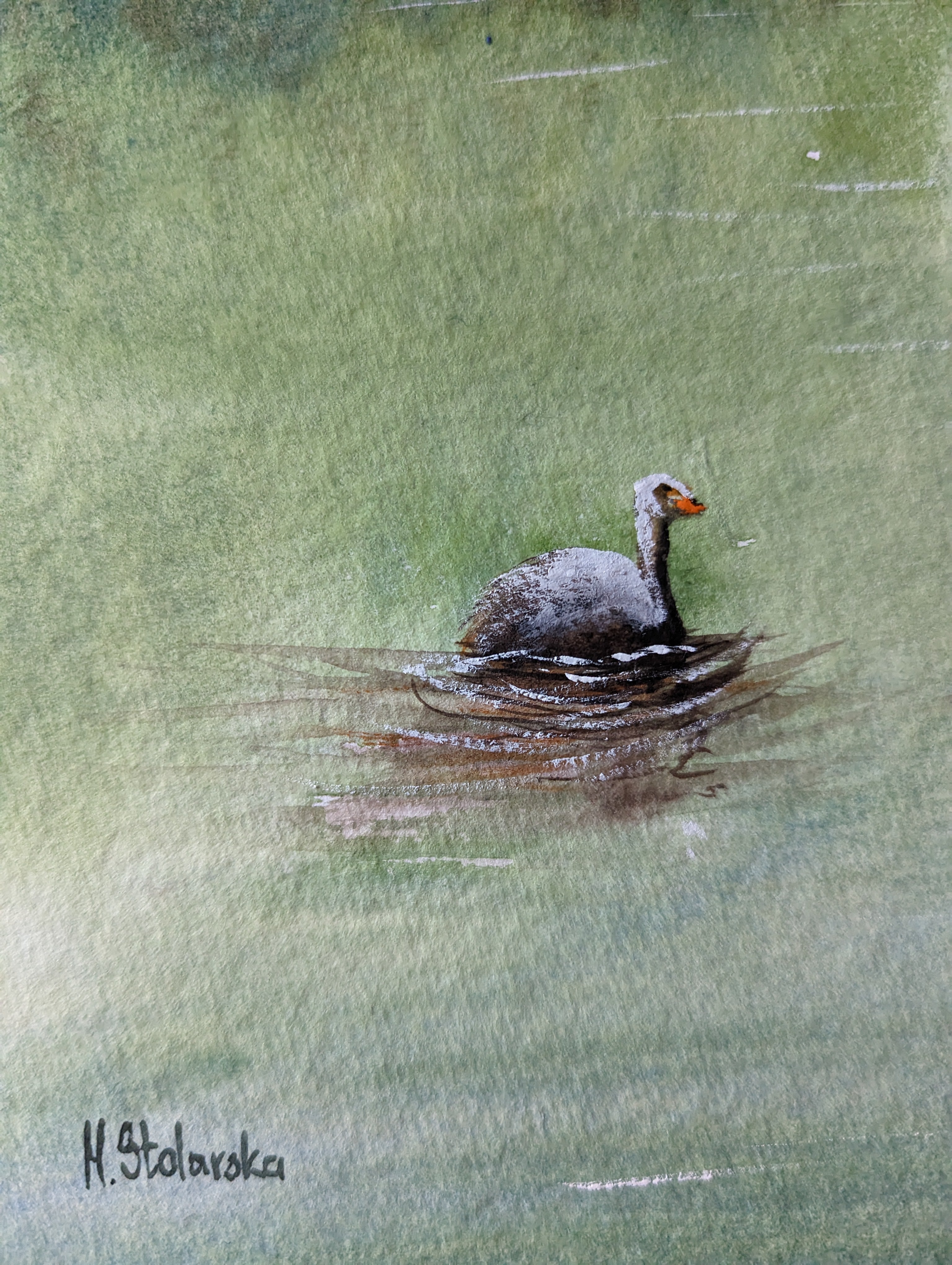 Painting of a duck floating on water with a green background. Original watercolour painting of Birmingham canals in spring with narrowboat and ducks, Georgian canal network